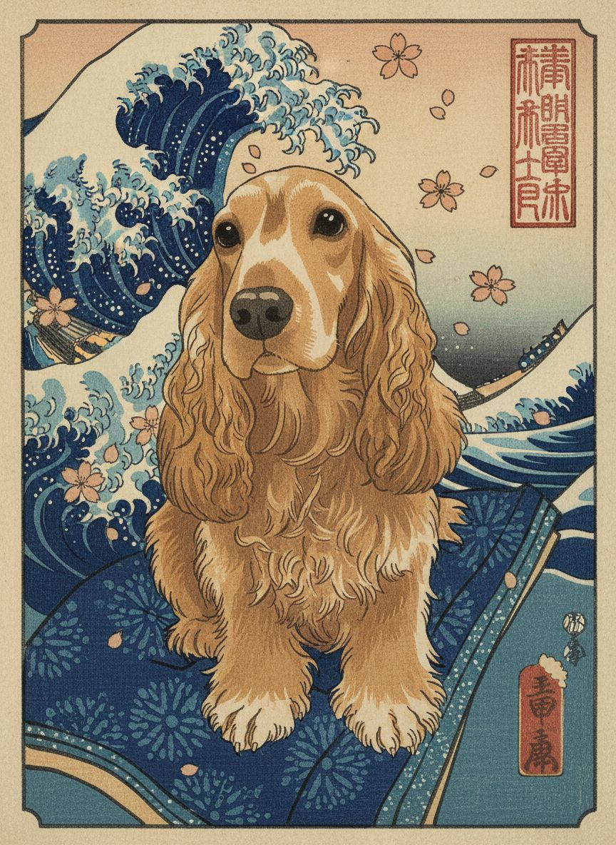 Dog as a traditional Japanese ukiyo-e woodblock print in the style of Hokusai by Furresco